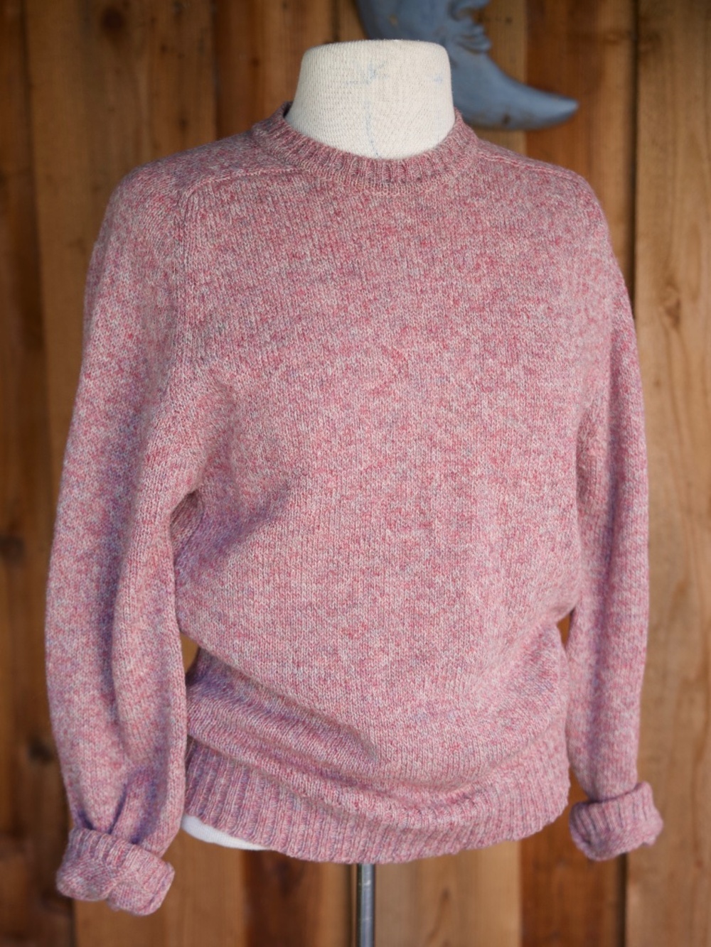Vintage Lands End 100% Shetland Wool Heather Pink Knit Sweater Made In Scottland